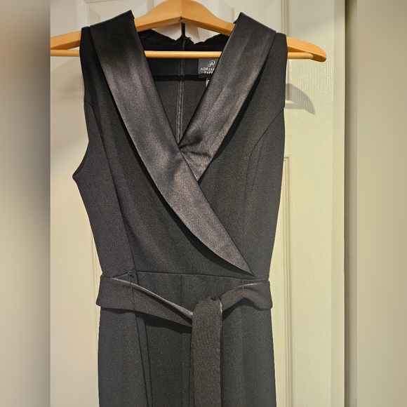 ADRIANNA PAPELL Size 12 Sleeveless Tuxedo Jumpsuit Blk w/Belt altered for petite - Picture 6 of 8
